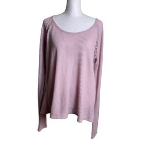 Lucky Brand Pink Thermal Waffle Knit Crochet Lace‎ Inset Split Crossover Back M